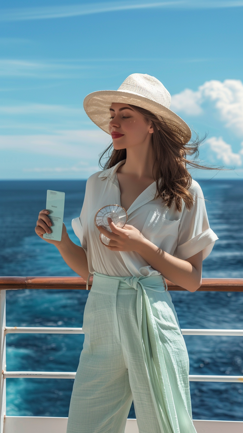 Kobieta na pokładzie statku trzymająca bilet na rejs, w tle ocean.